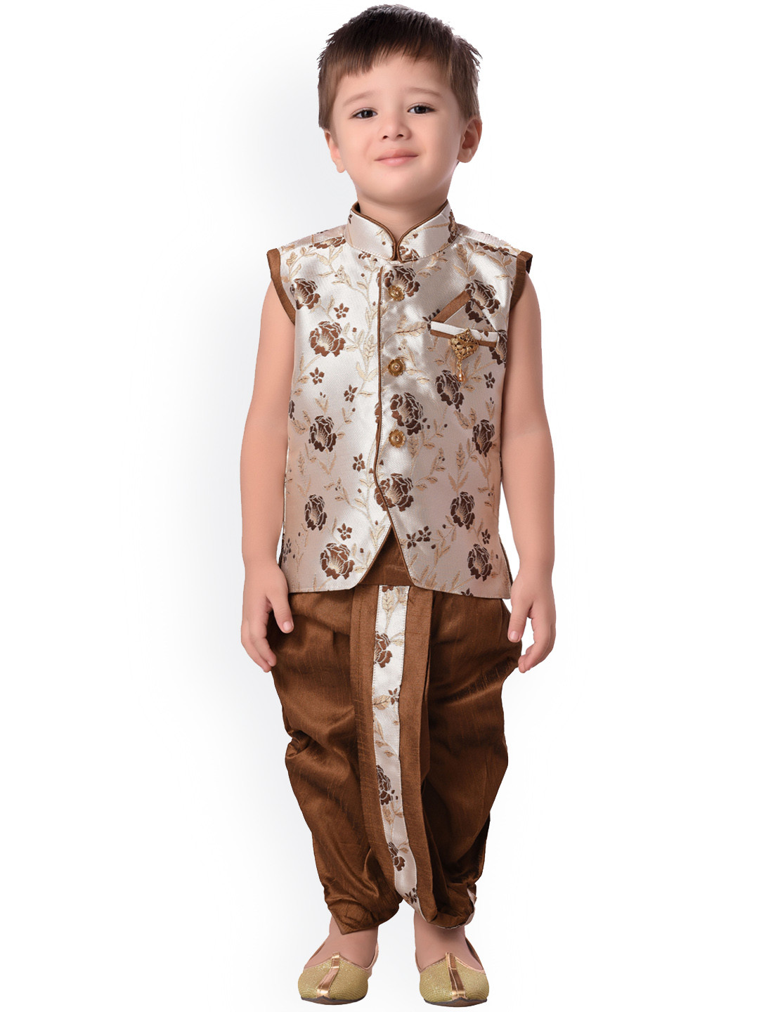 Jeetethnics Boys Silver-Toned & Brown Woven Design Kurti with Dhoti Pants