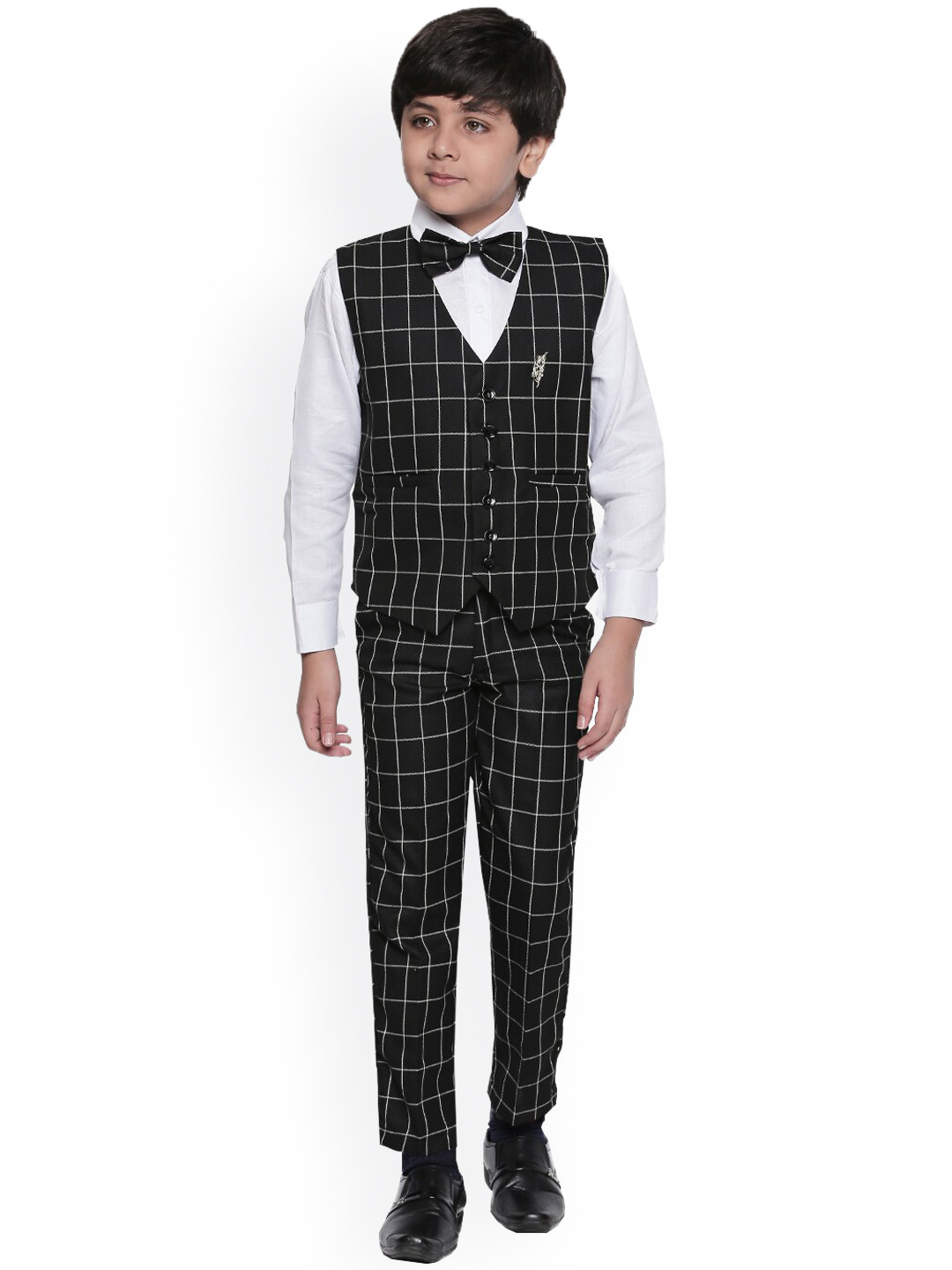 Jeetethnics Boys Black & White Checked Shirt with Trousers & Waistcoat