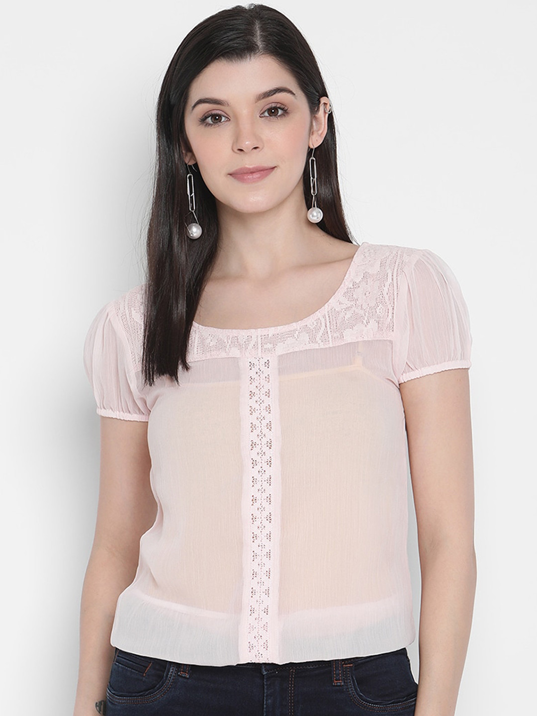 Porsorte Women Pink Floral Embroidered Lace Top