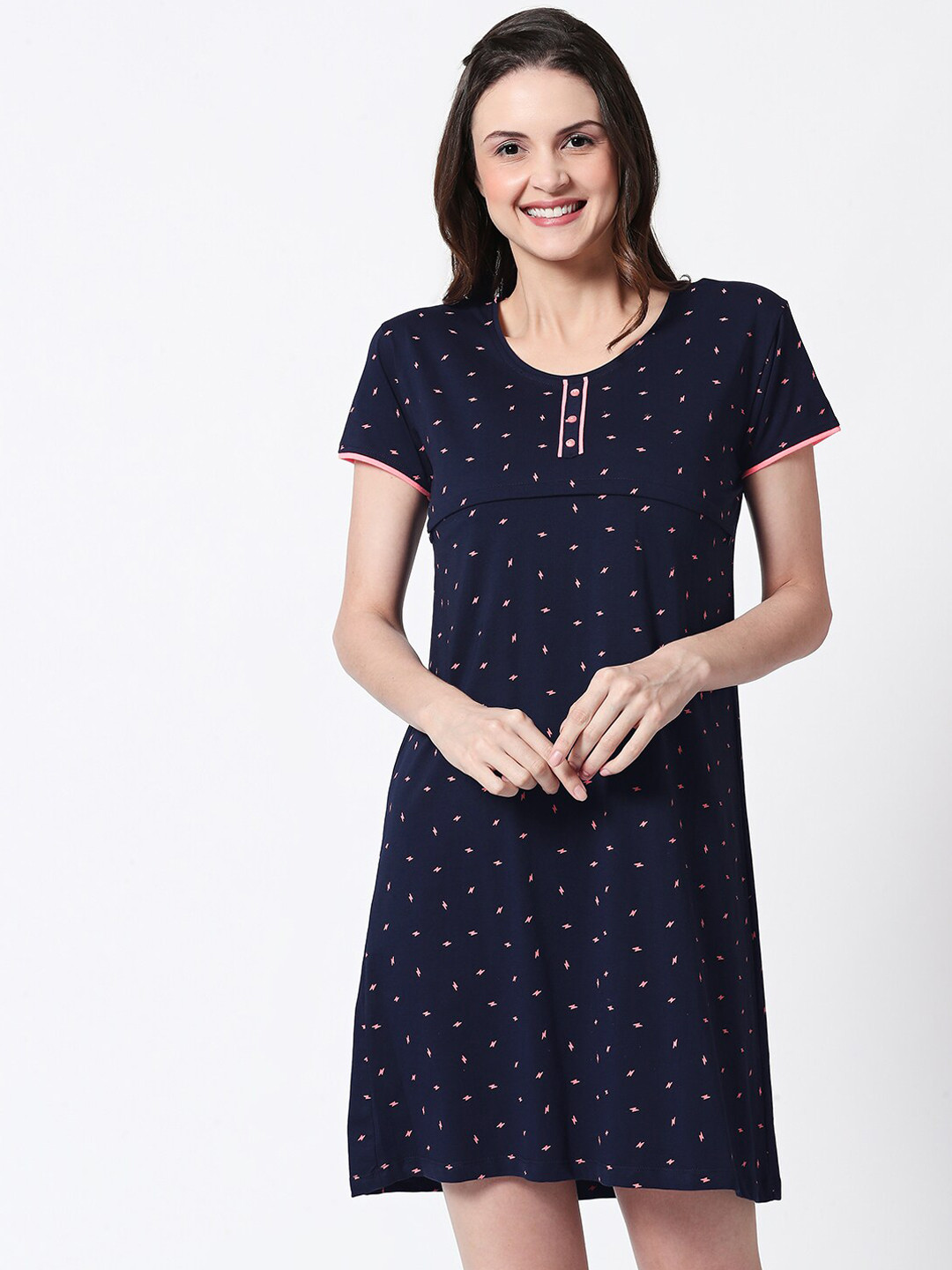 Zeyo Women Navy Blue Printed Nursing & Feeding Sleepshirt