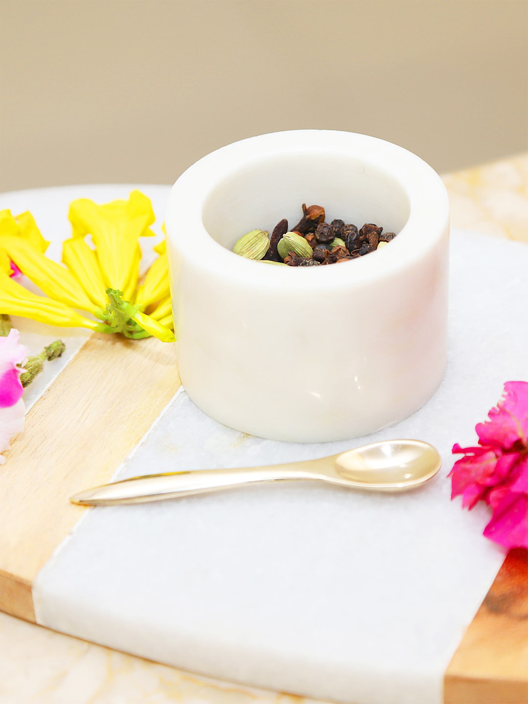 NikkisPride Set Of 2 White & Gold-Toned Handmade Marble Spice Box With Brass Spoons