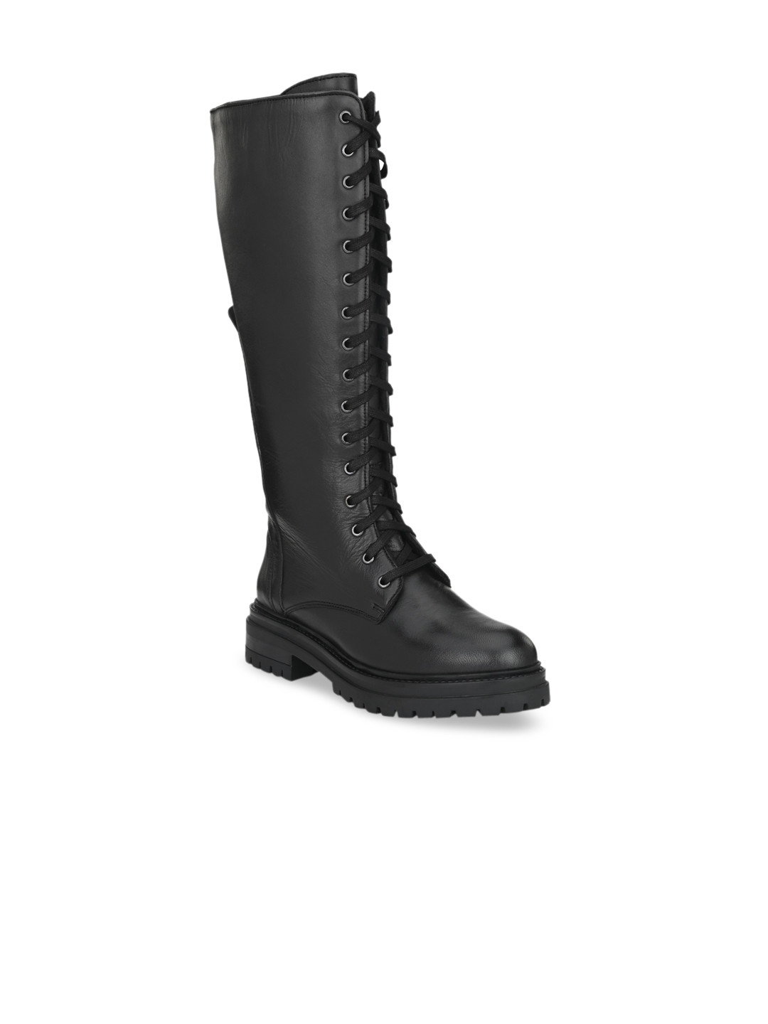 Delize Women Black Solid Leather High-Top Memory Foam Flat Boots