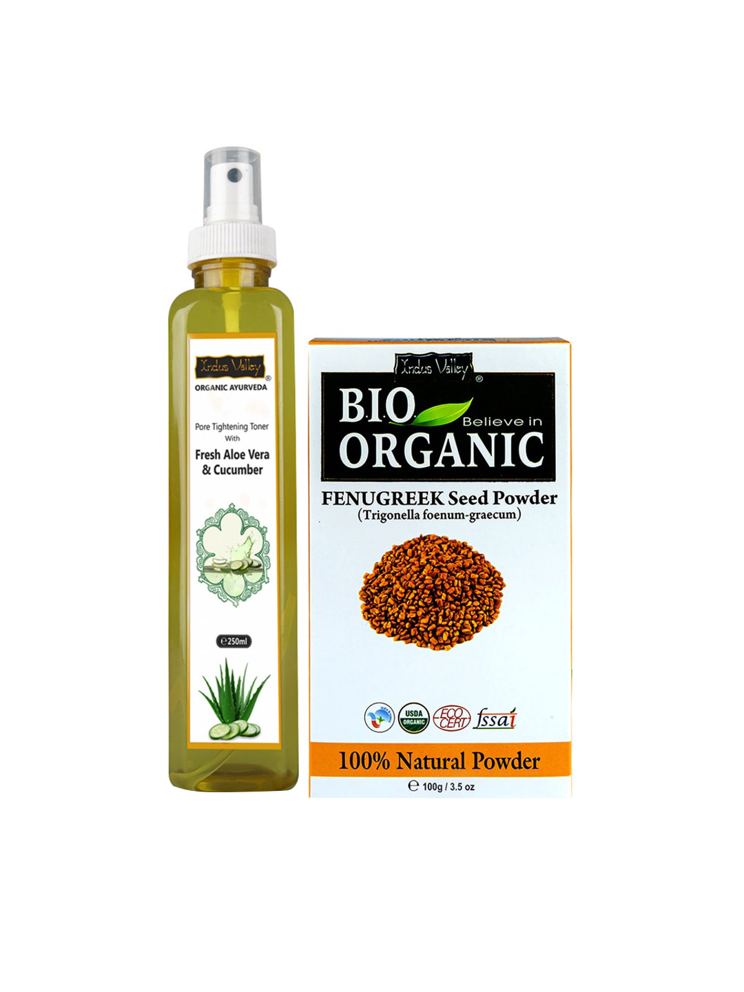 Indus Valley Bio Organic Fenugreek Powder & Ayurveda Fresh Aloe Vera & Cucumber Water 350g