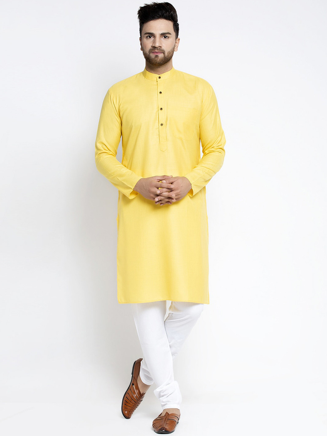 Jompers Men Yellow & White Solid Kurta with Pyjamas
