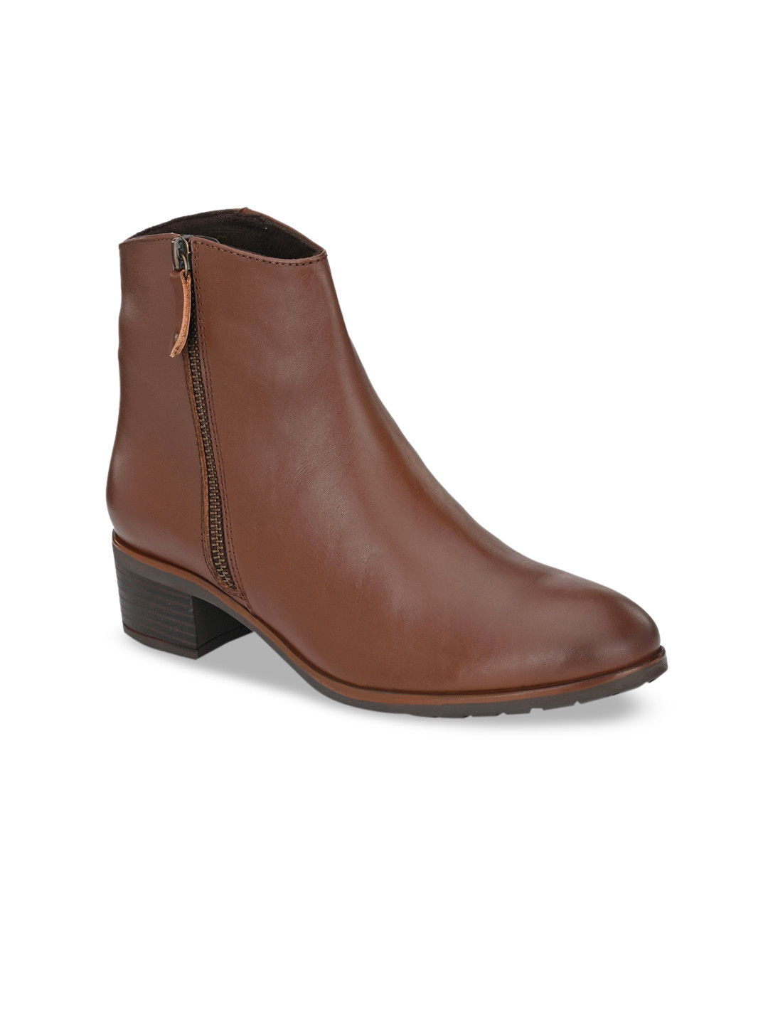 Delize Women Tan Brown Solid Faux Leather Mid-Top Block Heeled Boots