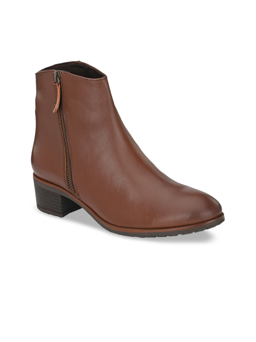 Delize Women Tan Brown Solid Faux Leather High-Top Block Heeled Boots