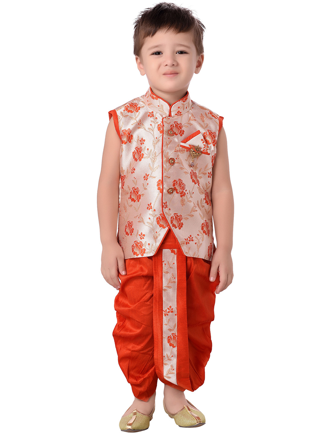 Jeetethnics Boys Silver-Coloured & Orange Woven Design Kurta with Dhoti Pants