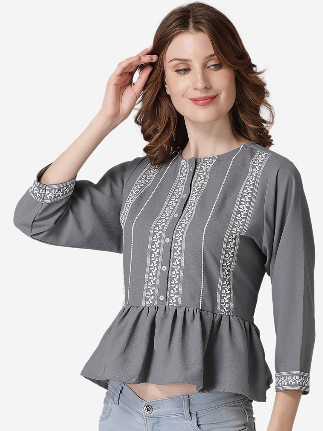 LABEL REGALIA Women Grey Solid Peplum Top