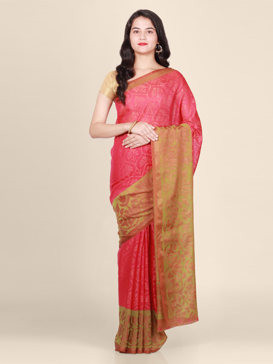 CLAI WORLD Red Printed Handloom Brasso Saree