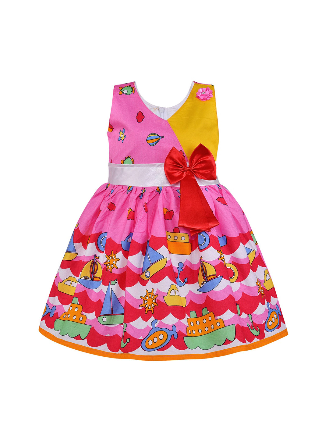 Wish Karo Girls Pink & Red Printed Fit and Flare Dress