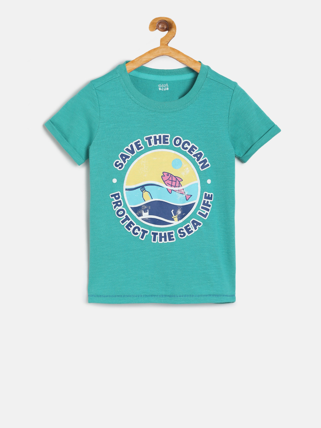 MINI KLUB Boys Green Printed Round Neck Pure Cotton T-shirt