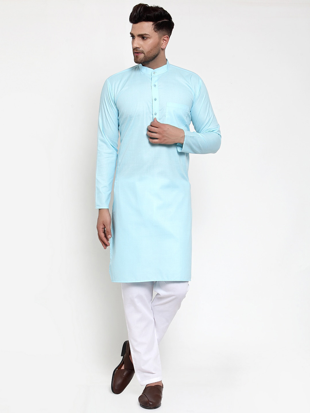 Jompers Men Turquoise Blue & White Solid Kurta with Pyjamas