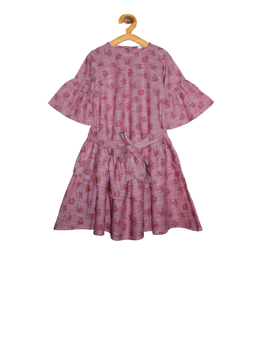 KiddoPanti Girls Pink & Red Floral Print Fit and Flare Dress
