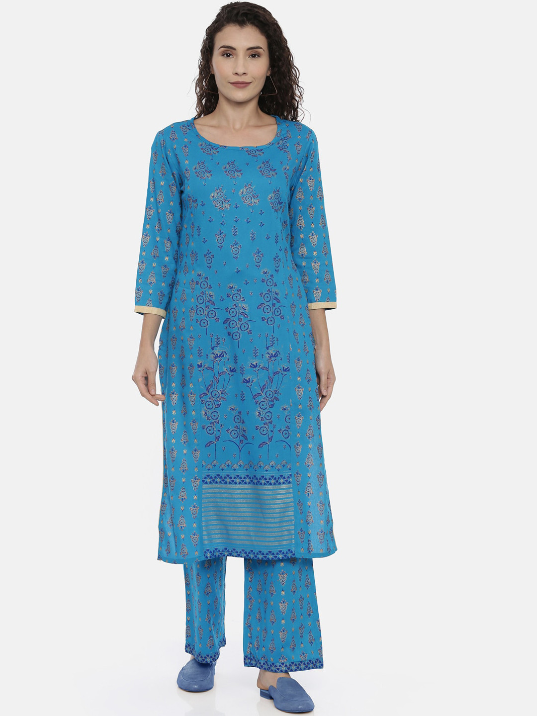 Souchii Women Turquoise Blue & Gold-Toned Floral Print Kurta with Palazzos