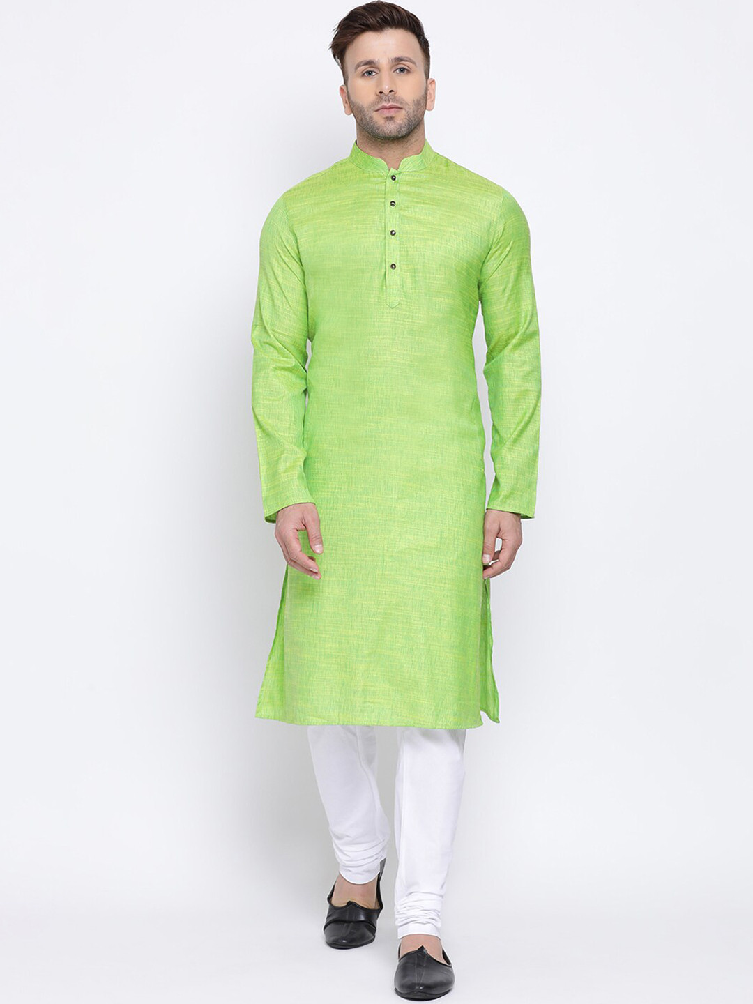 NAMASKAR Men Green & White Solid Kurta with Churidar