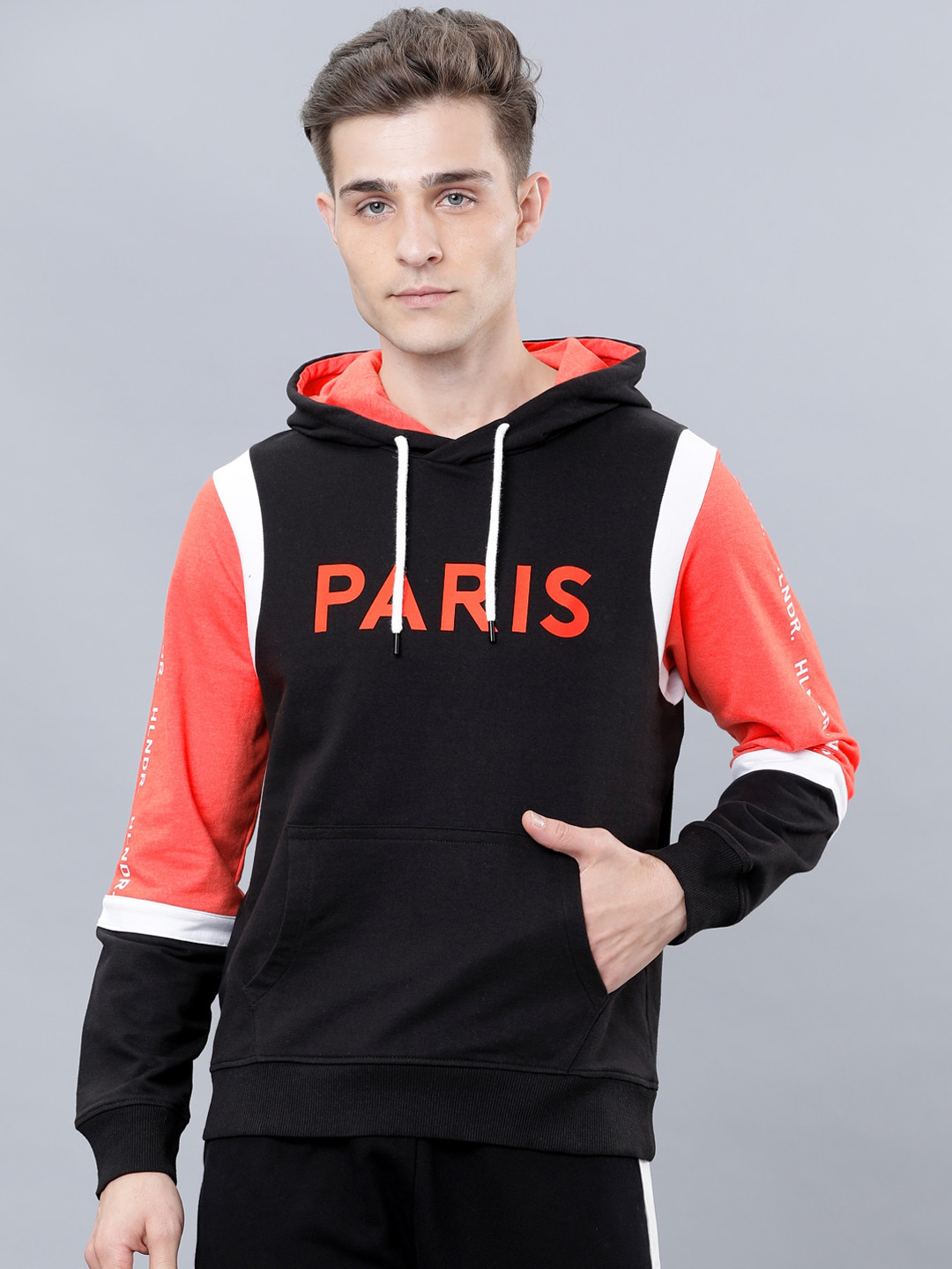 HIGHLANDER Men Black & Orange Printed Hooded Sweatshirt