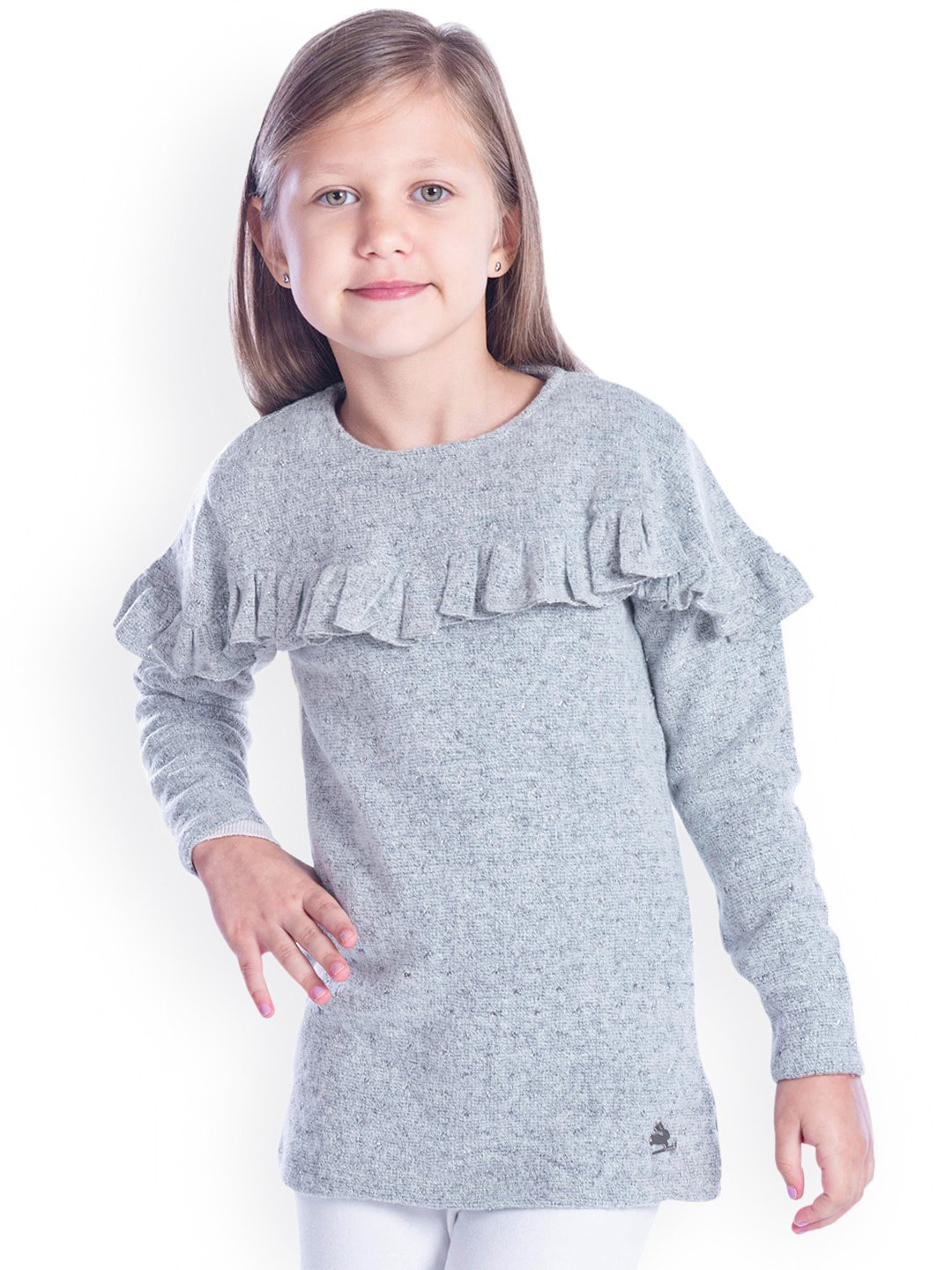 Cherry Crumble Girls Grey Melange Solid Ruffle Top