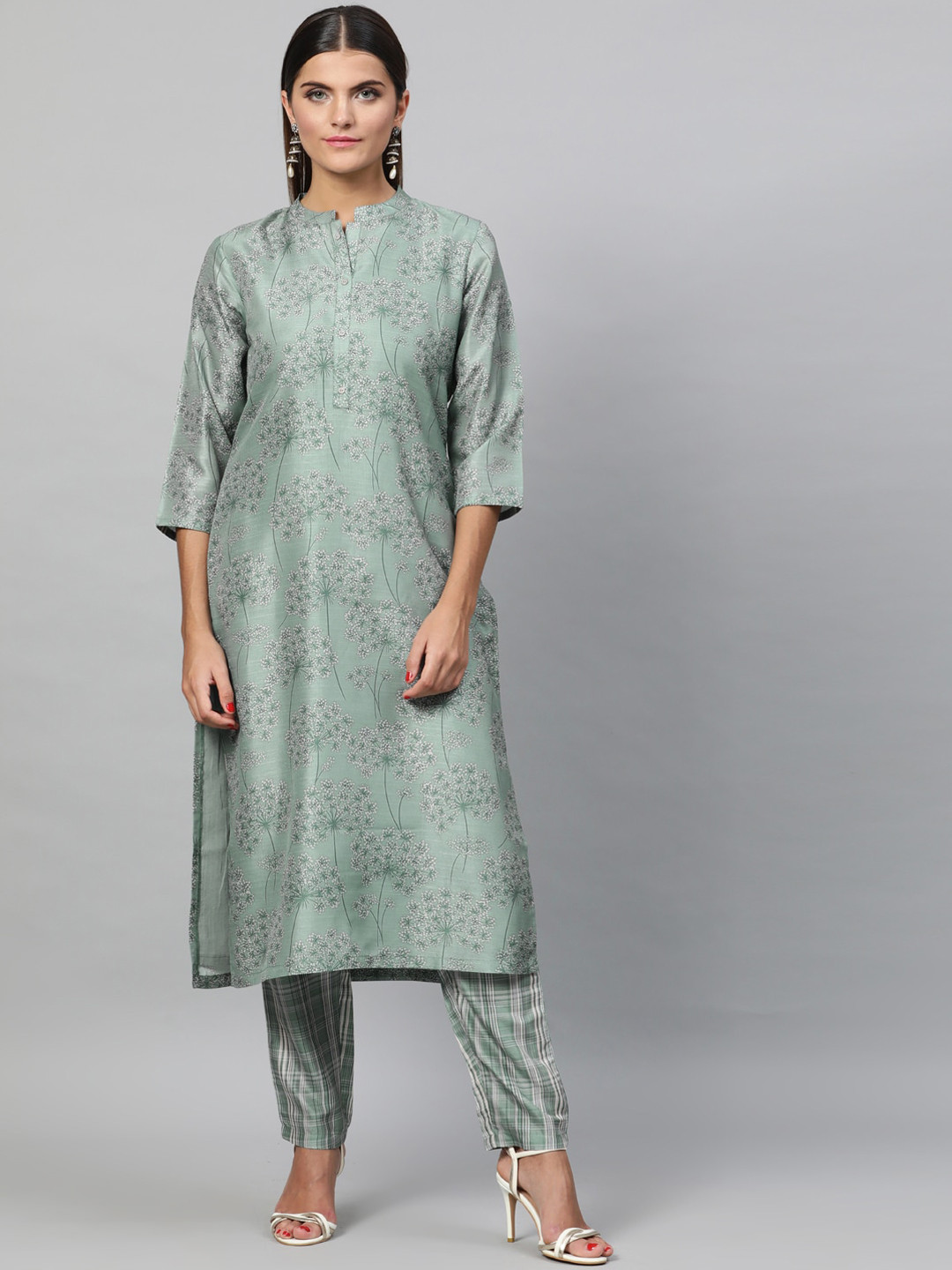 STREET 9 Women Sea Green Self Design Kurti with Trousers