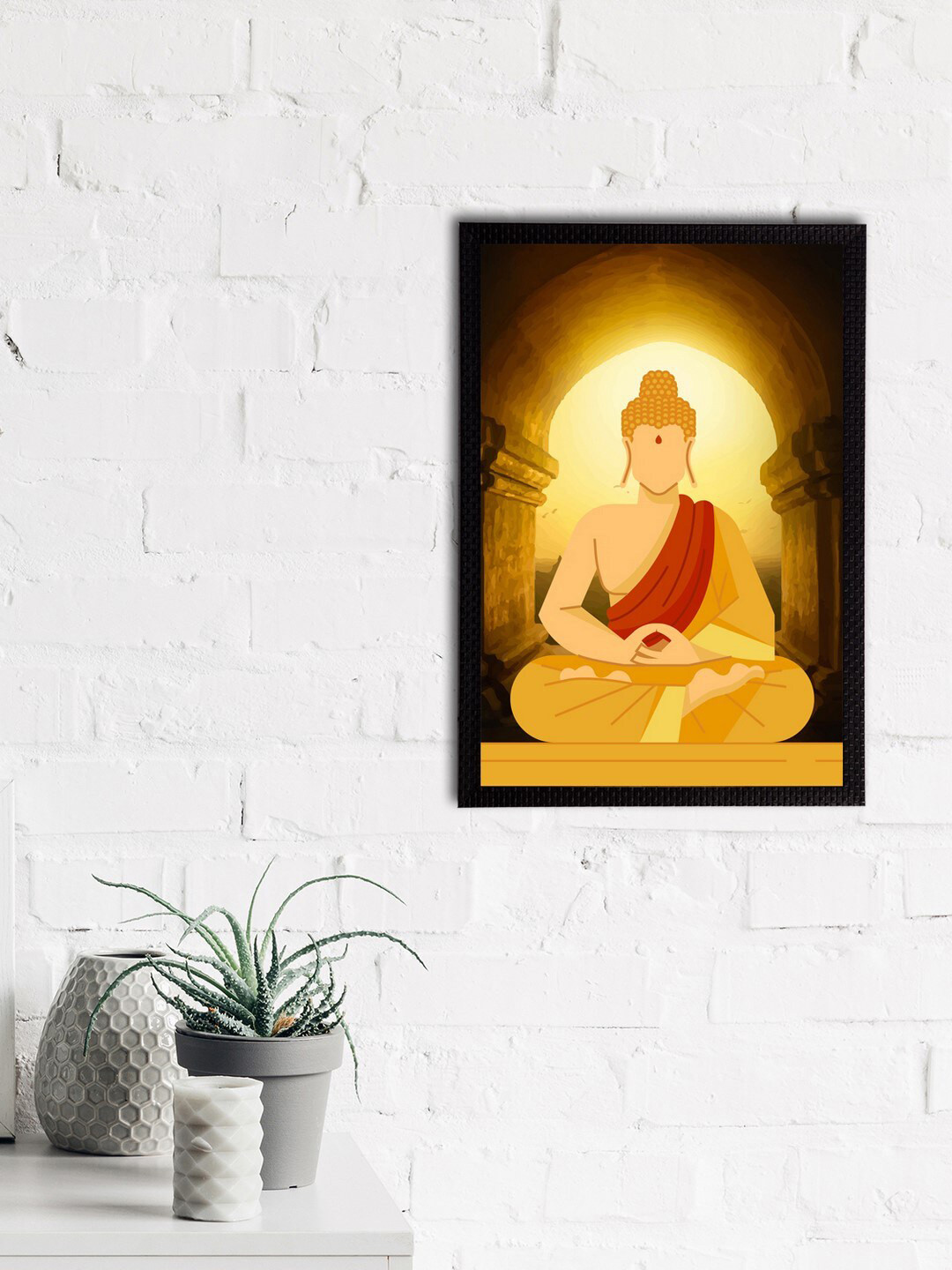 eCraftIndia Black & Yellow Meditating Lord Buddha Satin Matt Texture UV Art Painting