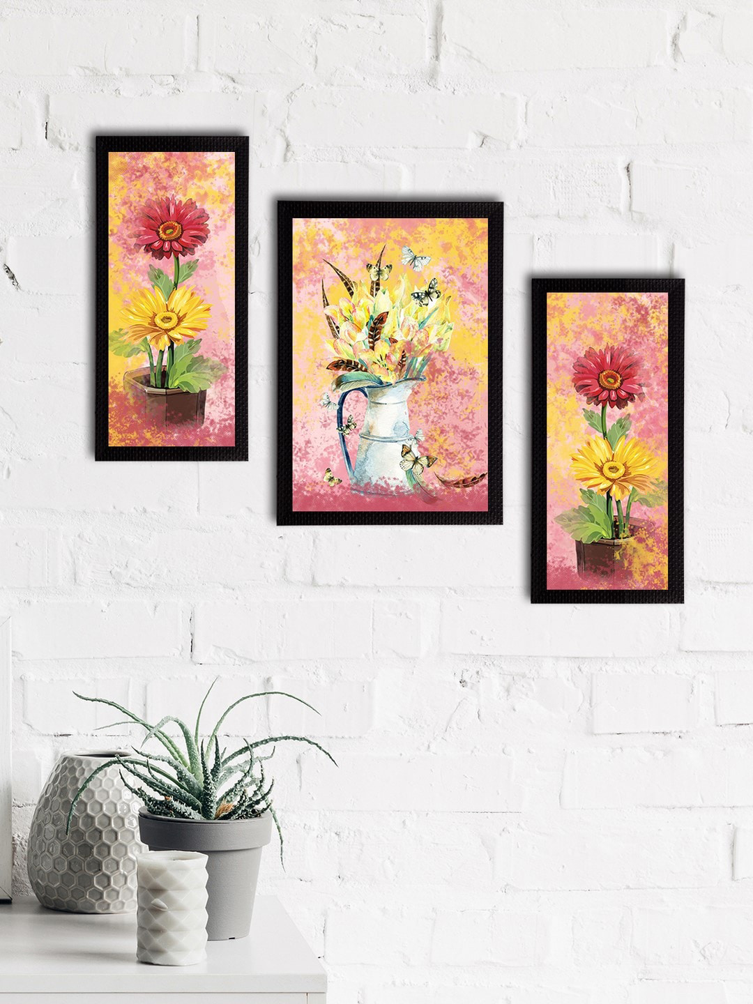 eCraftIndia Set of 3 Pink & Yellow Botanical & Floral Satin Matt Textured UV Wall Paintings