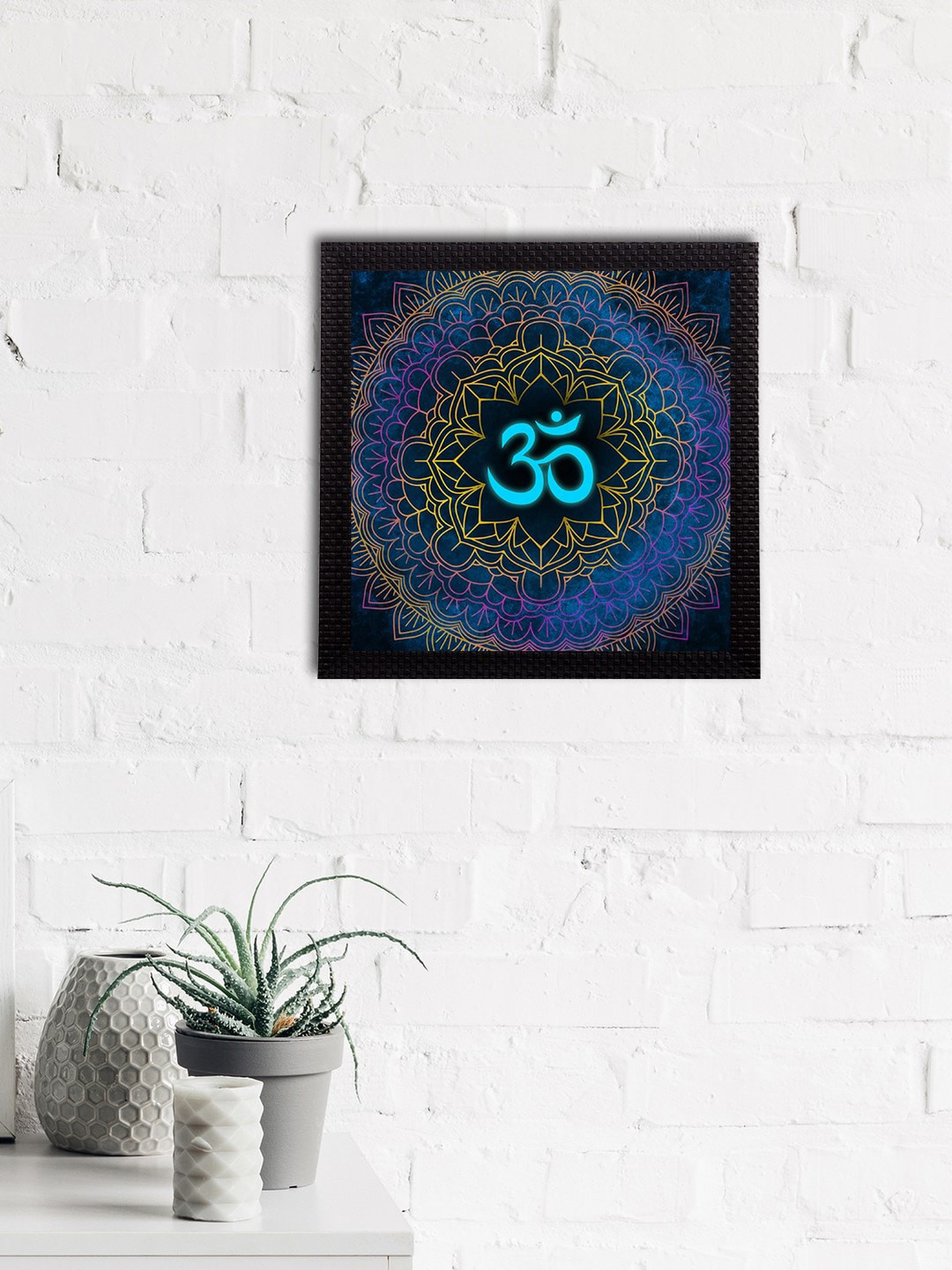 eCraftIndia Yellow & Blue Om Symbol Satin Matt Textured UV Art Painting