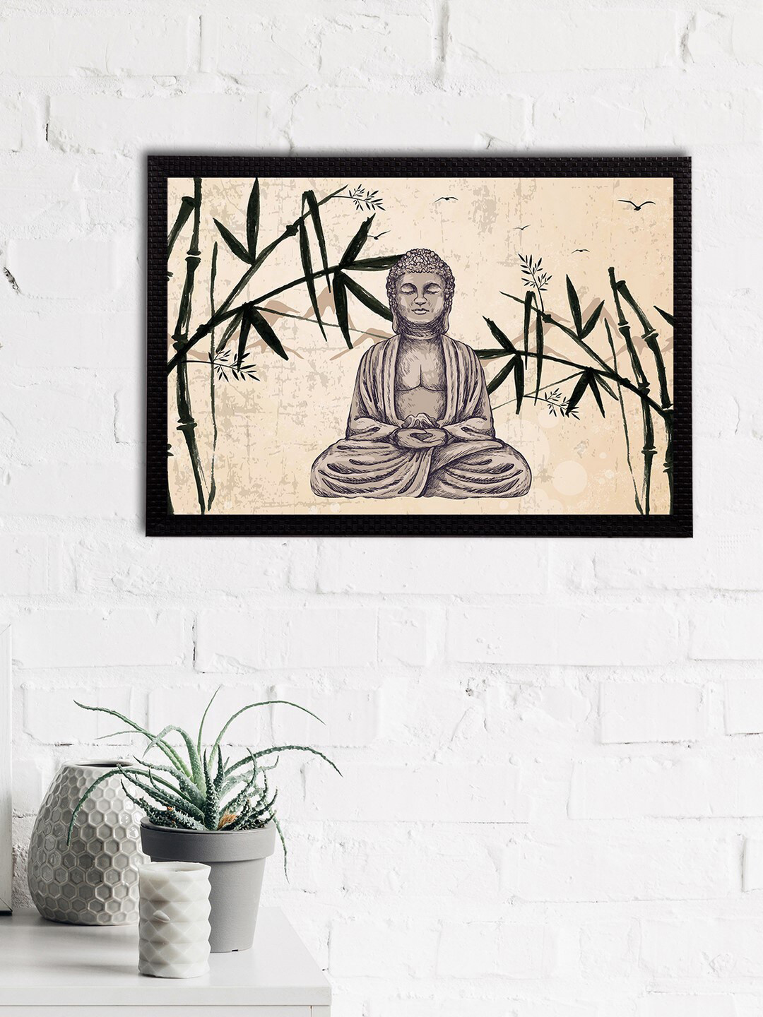 eCraftIndia Beige & Grey Meditating Lord Buddha Satin Matt Texture UV Art Painting