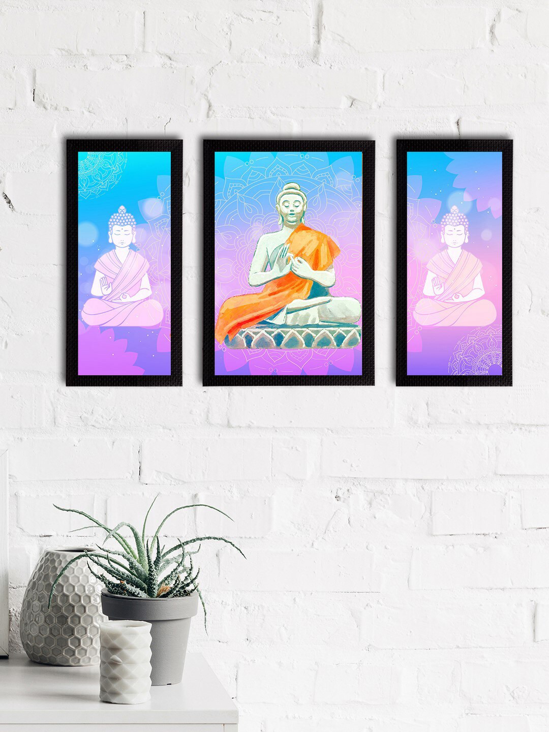eCraftIndia Lord Buddha Multi Paper 3 Pcs Wall Home Office Rectangle Paintings Wall Art