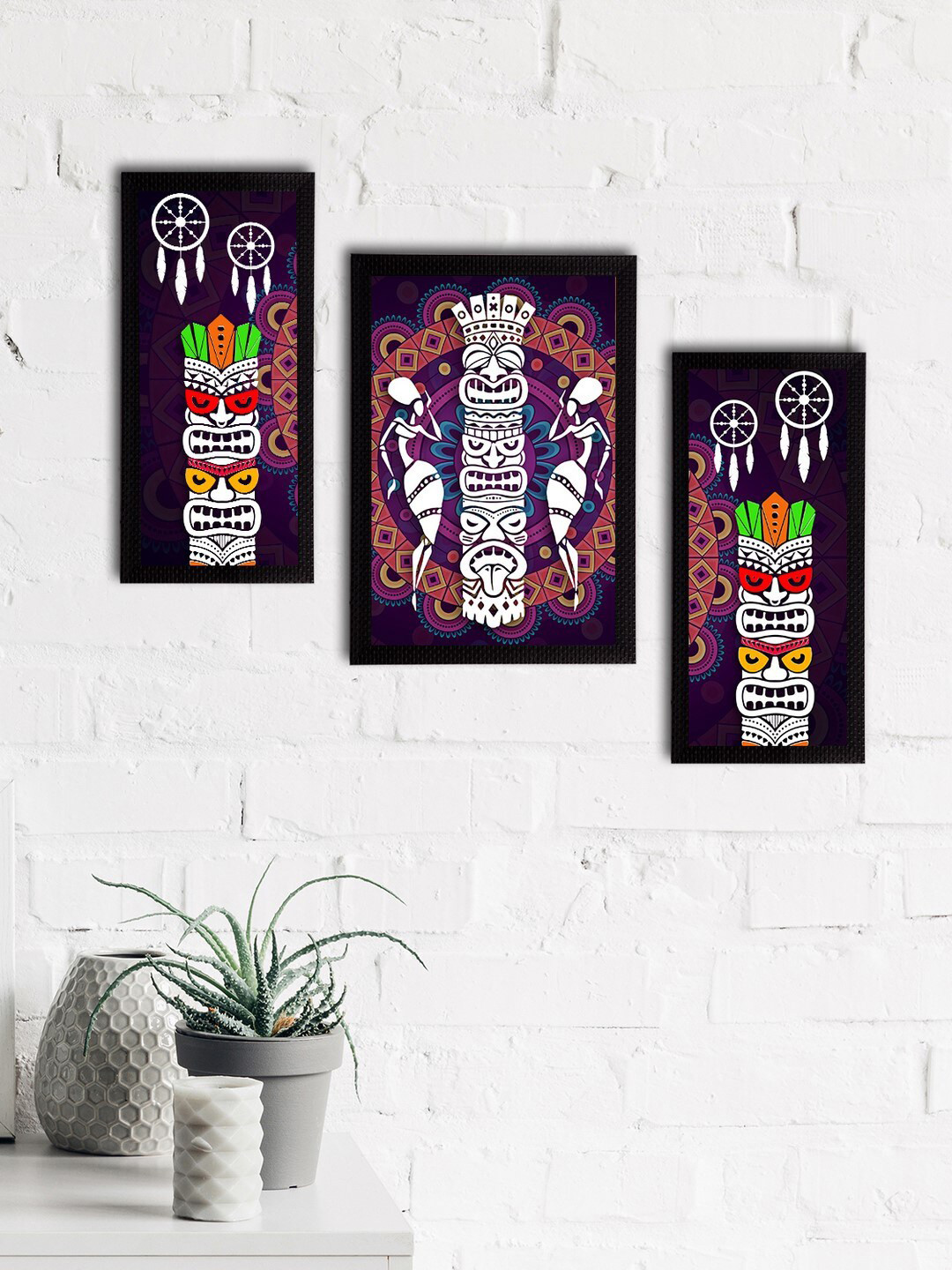 eCraftIndia Set of 3 Purple & White Tribal Theme Satin Matt Textured UV Wall Paintings