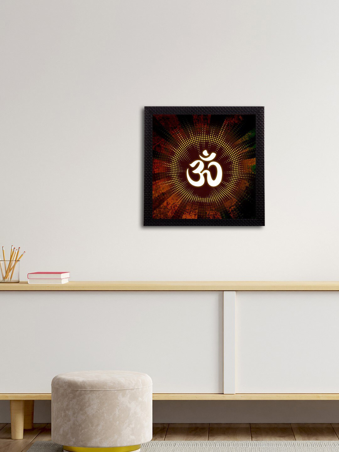eCraftIndia Brown & White Om Symbol Satin Matt Textured UV Wall Painting