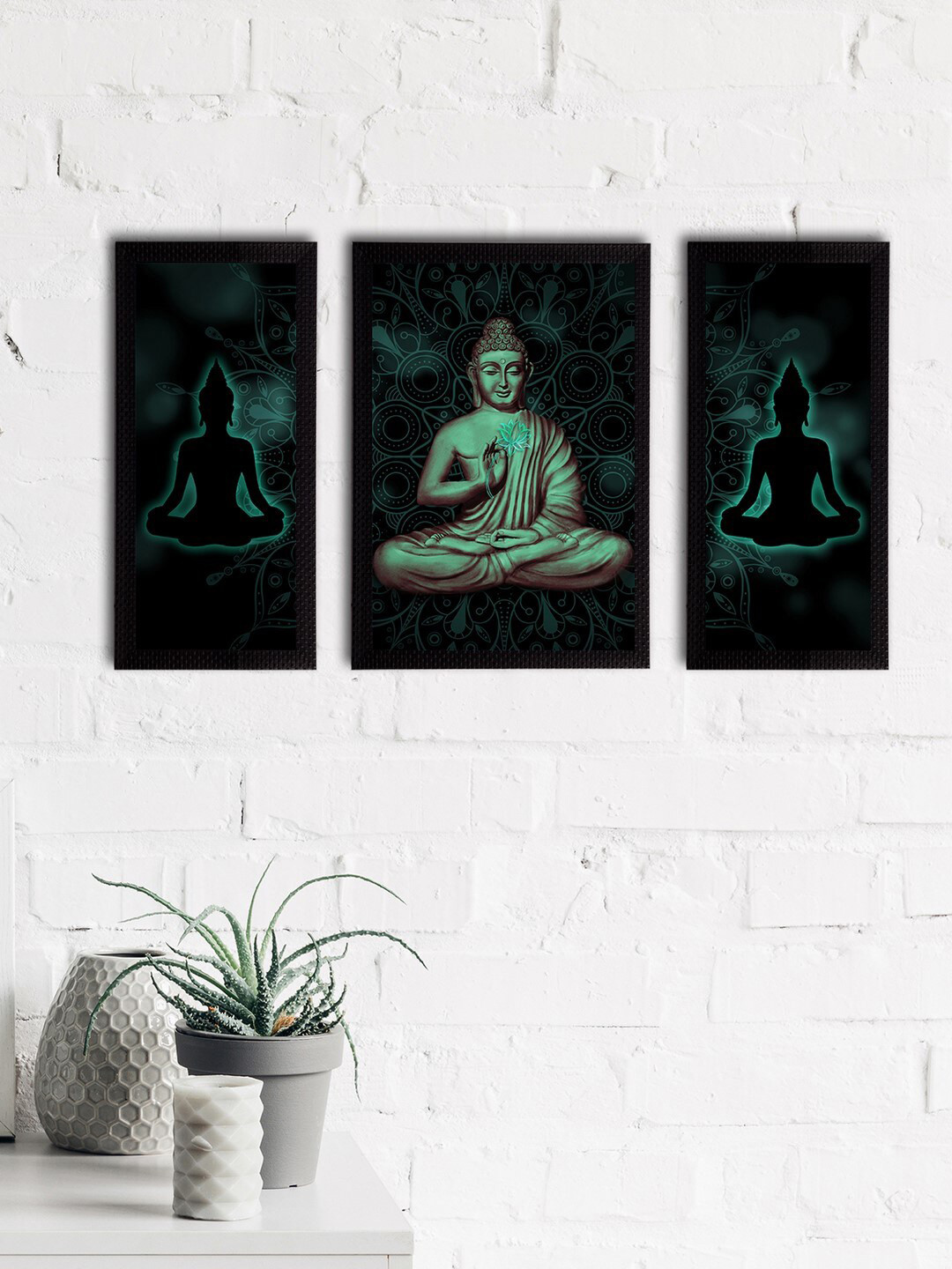 eCraftIndia Set Of 3 Black & Green Meditating Lord Buddha Wall Paintings