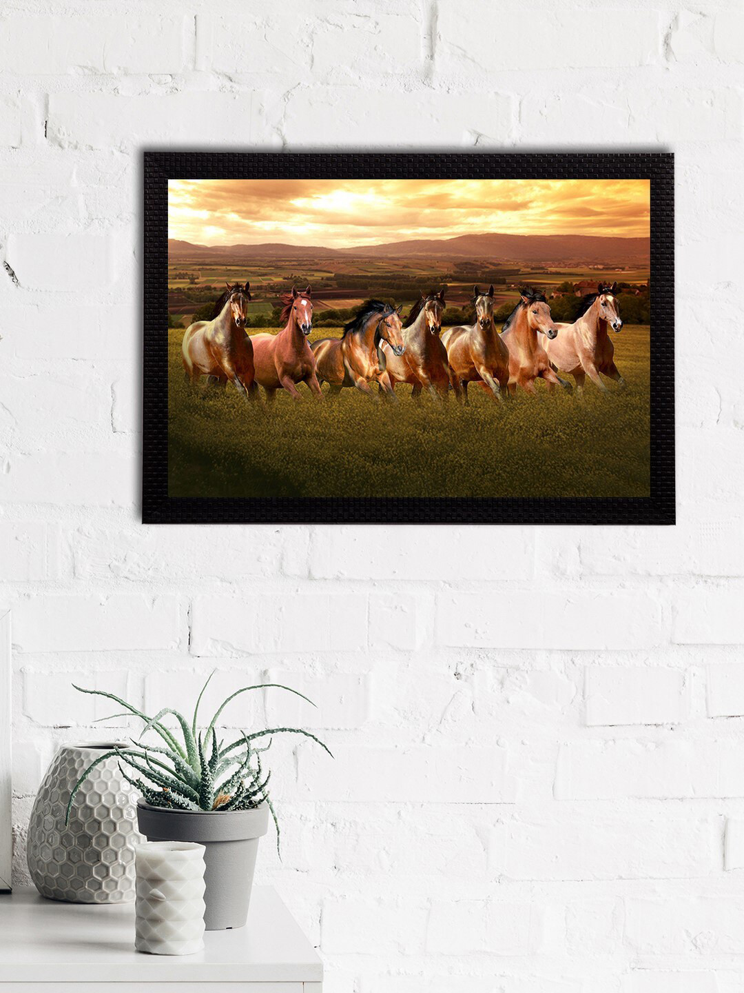 eCraftIndia Brown & Green 7 Lucky Running Horses Satin Matt Texture Framed UV Wall Art