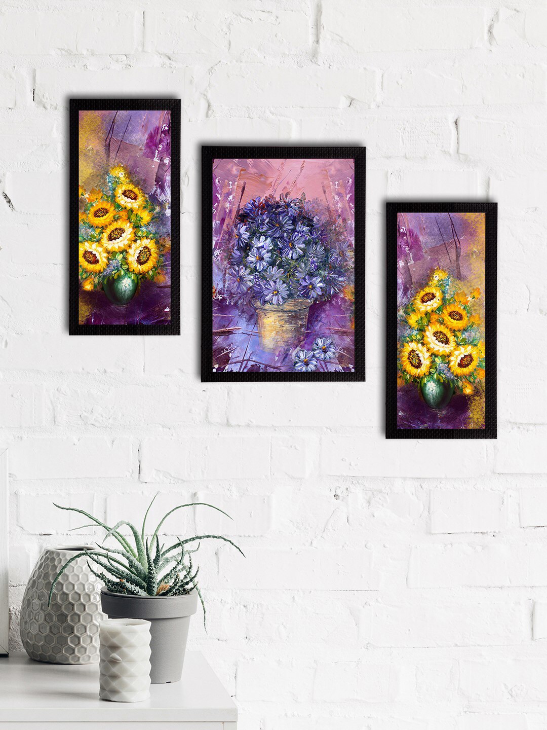 eCraftIndia Set of 3 Blue & Purple Botanical & Floral Satin Matt Textured UV Wall Paintings