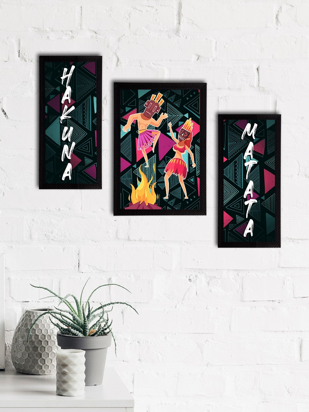 eCraftIndia Set of 3 Black & Green Tribal Theme Satin Matt Textured UV Wall Paintings