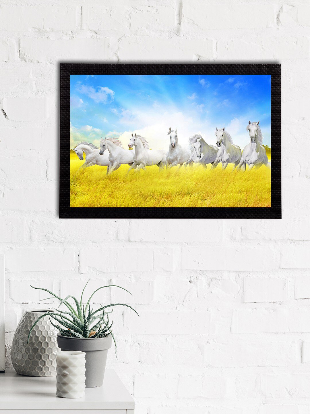eCraftIndia White & Yellow 7 Lucky Running Horses Satin Matt Textured UV Wall Art