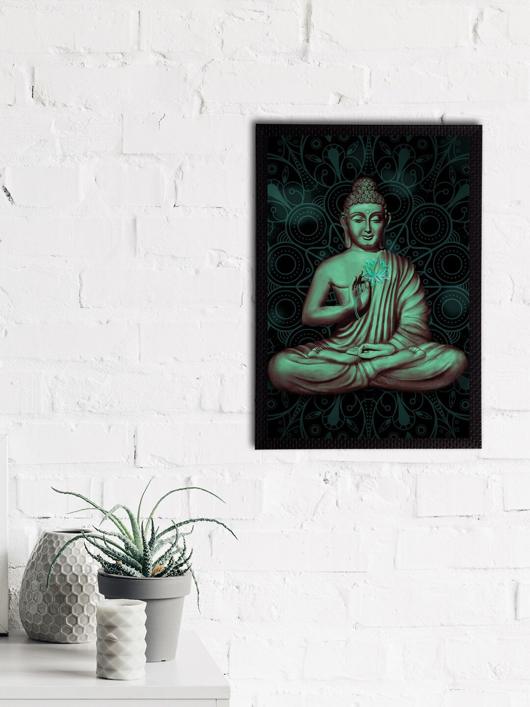 eCraftIndia Lord Buddha Green Wall Living Room Rectangle Paintings Wall Art -14 x 10In