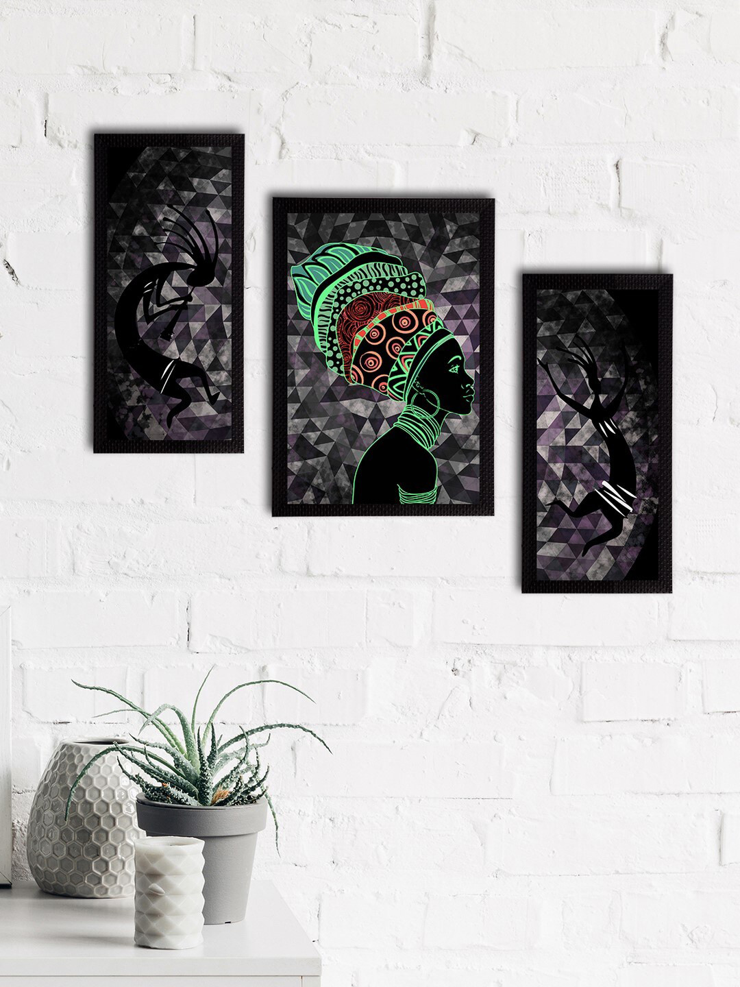 eCraftIndia Set of 3 Black & Grey Tribal Theme Satin Matt Textured UV Wall Paintings