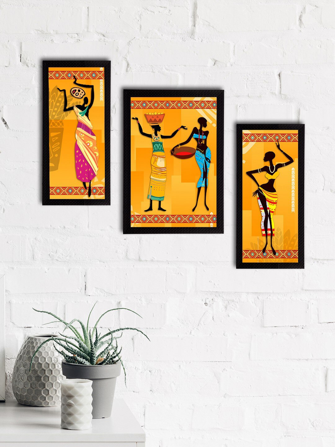 eCraftIndia Set of 3 Yellow & Black Tribal Theme Satin Matt Textured UV Wall Paintings