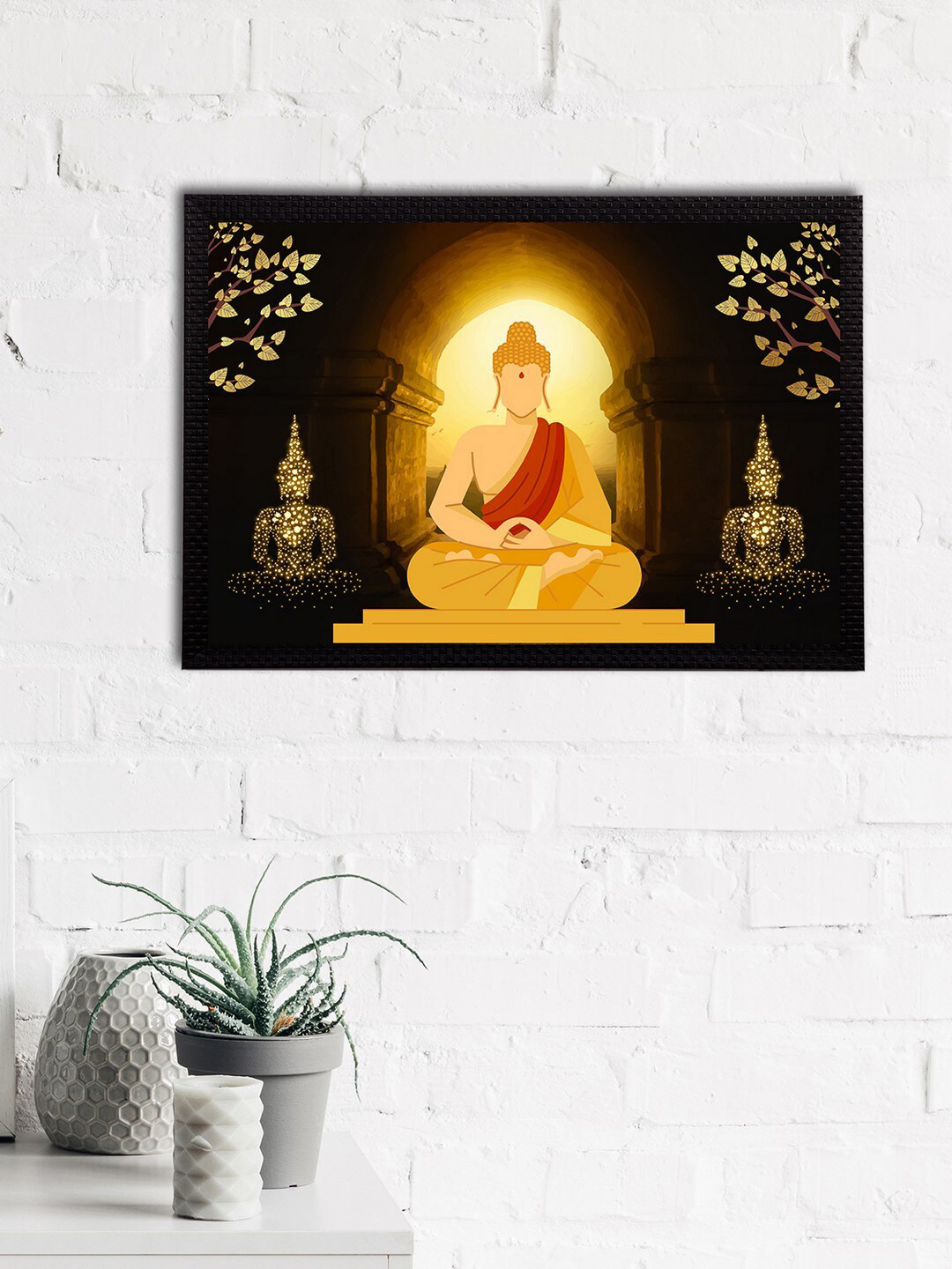 eCraftIndia Black & Yellow Meditating Lord Buddha Satin Matt Textured UV Wall Painting