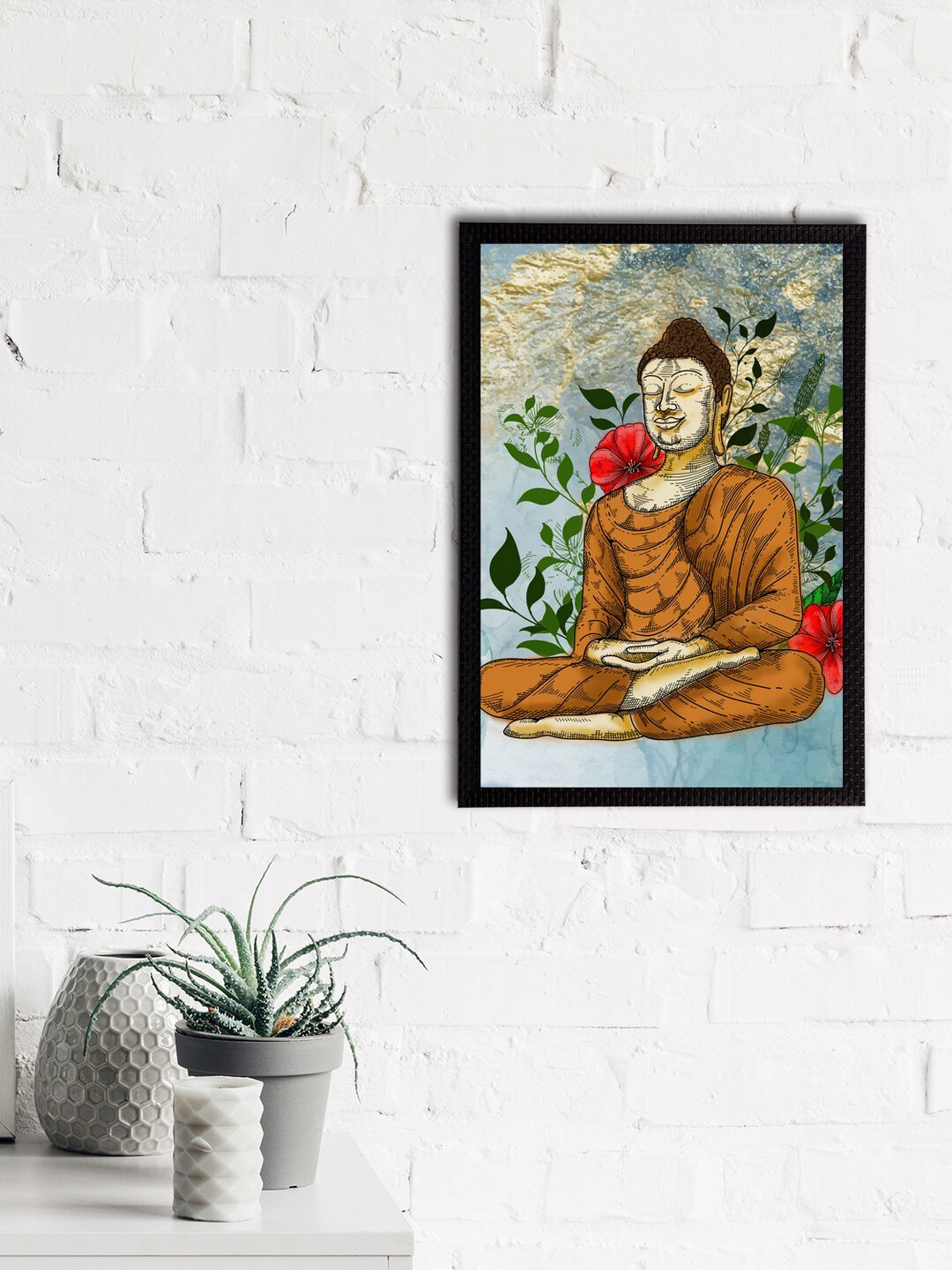 eCraftIndia Orange & Blue Meditating Lord Buddha Satin Matt Textured UV Wall Painting