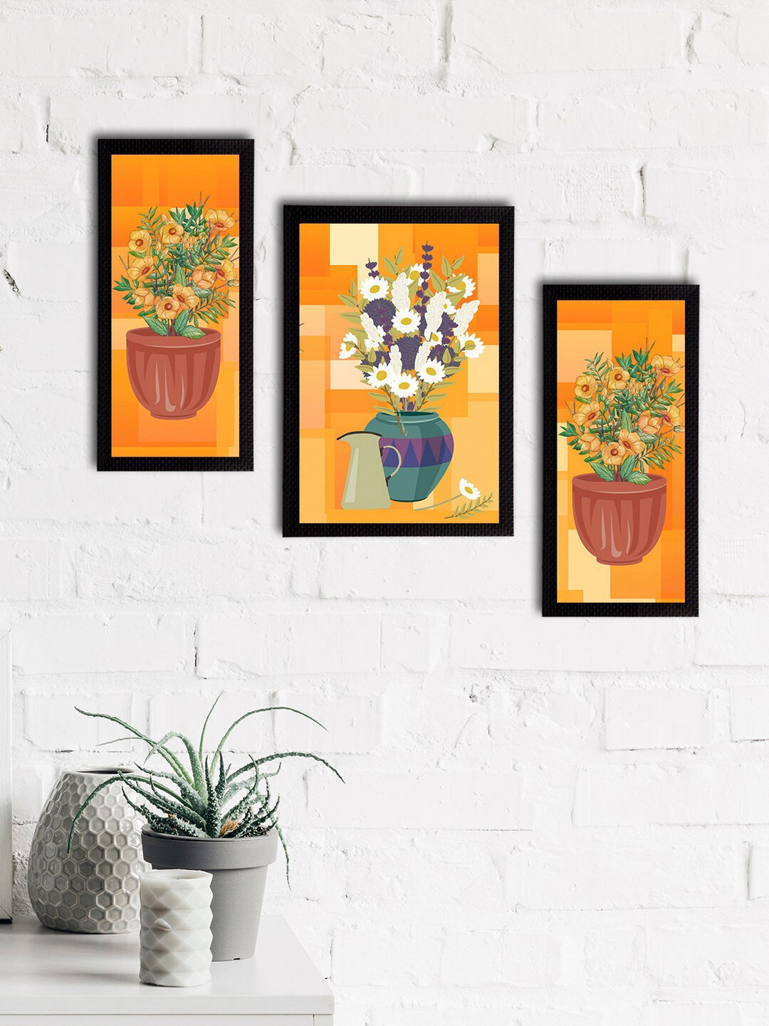 eCraftIndia Set of 3 Orange & White Botanical & Floral Satin Matt Textured UV Wall Paintings