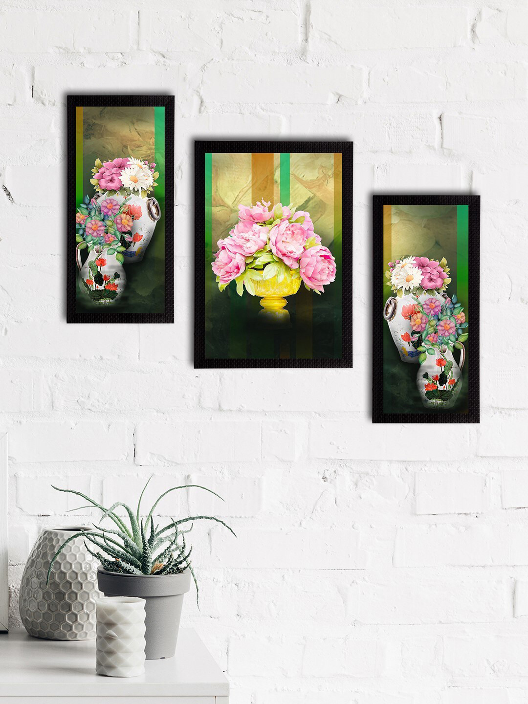 eCraftIndia Set of 3 Green & Pink Botanical & Floral Satin Matt Textured UV Wall Paintings