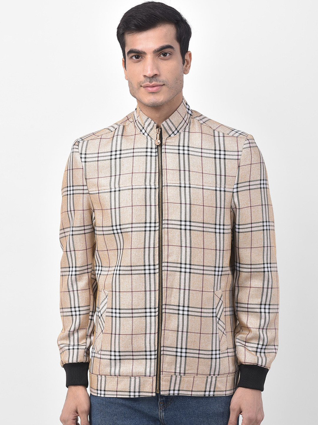 LUXURAZI Men Beige Checked Bomber