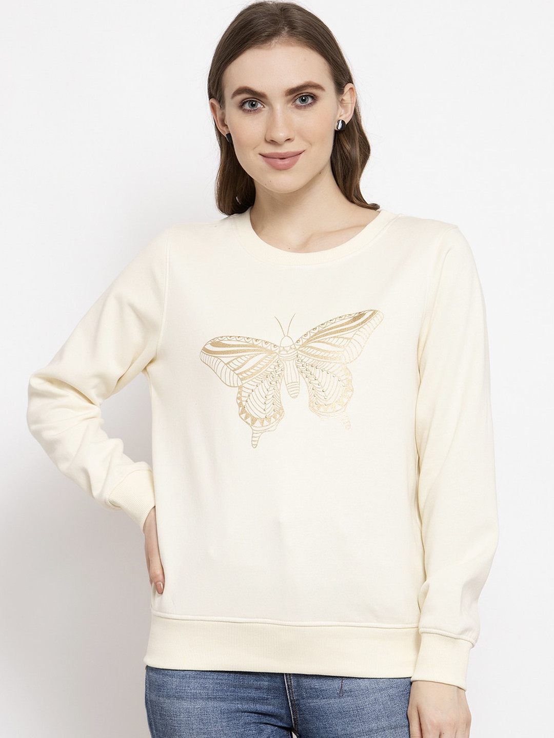 Gipsy Women Cream-Coloured Solid Sweatshirt