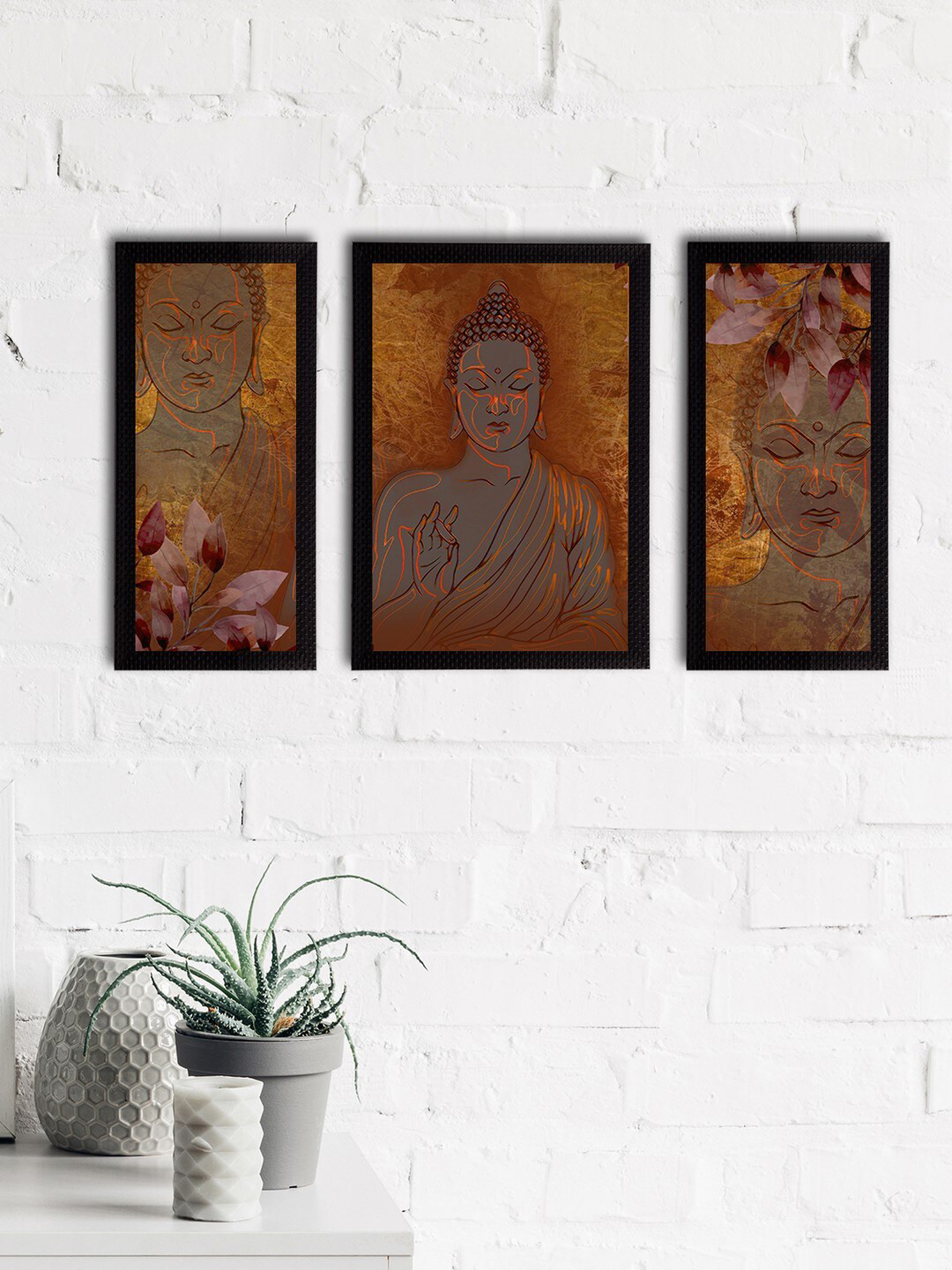 eCraftIndia Lord Buddha Canvas 3 Piece Wall Rectangle Paintings Wall Art -14 x 7 In
