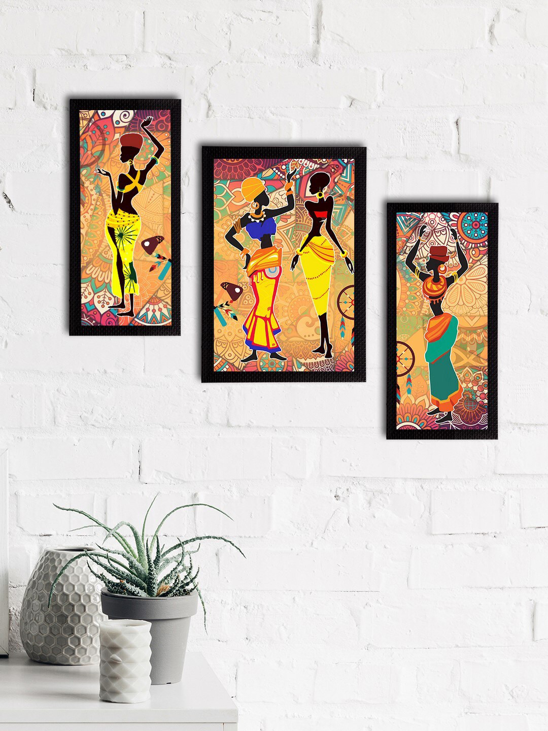 eCraftIndia Set of 3 Multicoloured Satin Matt Texture Tribal UV Wall Art