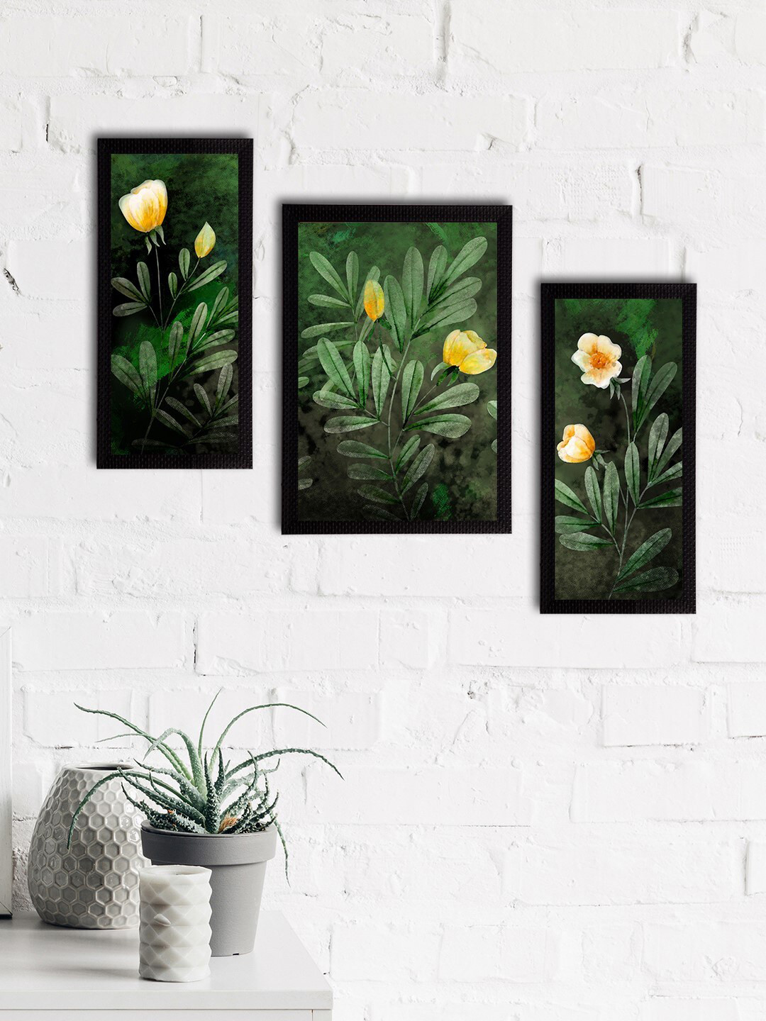 eCraftIndia Set Of 3 Green & Yellow Botanical and Floral Satin Matt Textured UV Art Painting