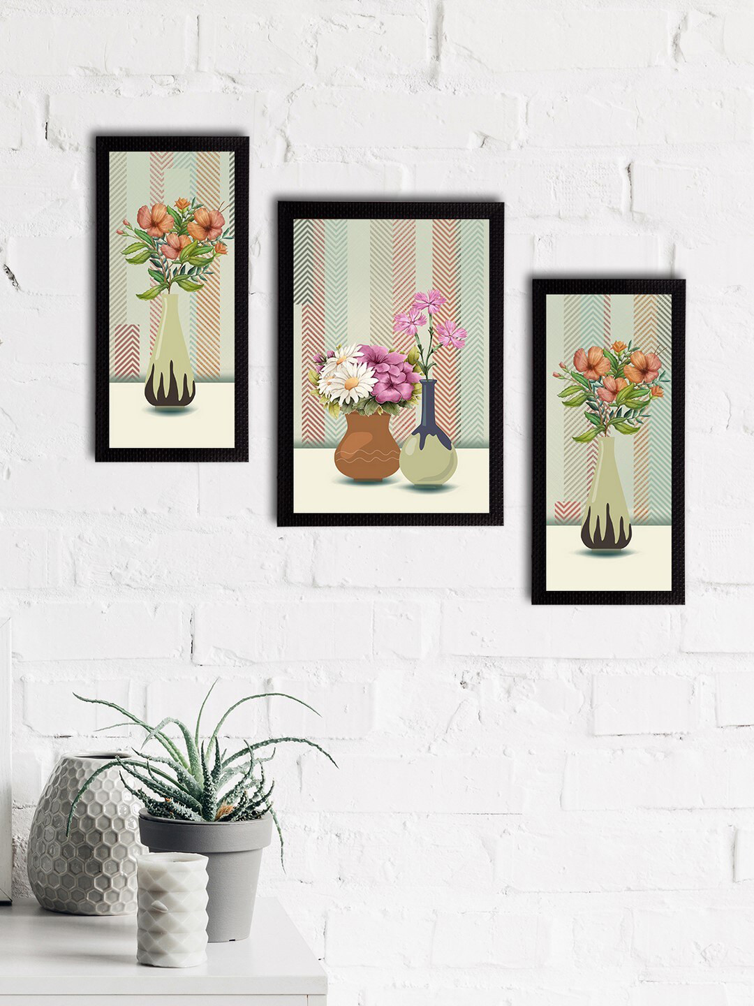 eCraftIndia eCraftIndia Set of 3 Pink & Green Botanical and Floral Satin Matt Textured UV Art Paintings