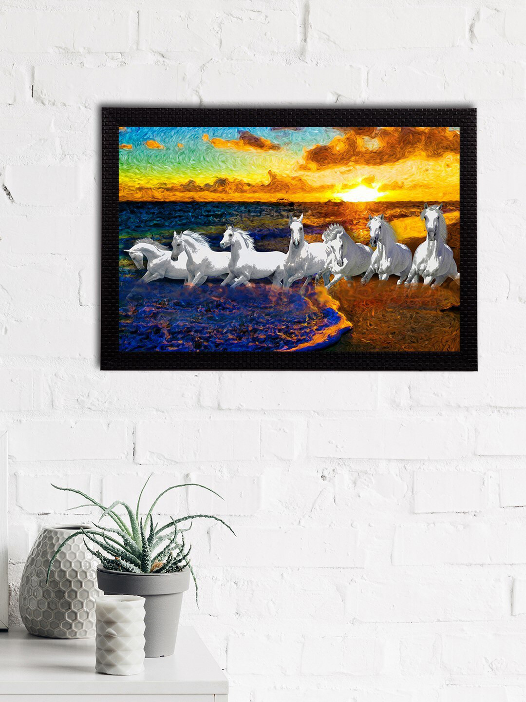 eCraftIndia 7 Running Horses Paper Wall Rectangle Paintings Wall Art -14x10In
