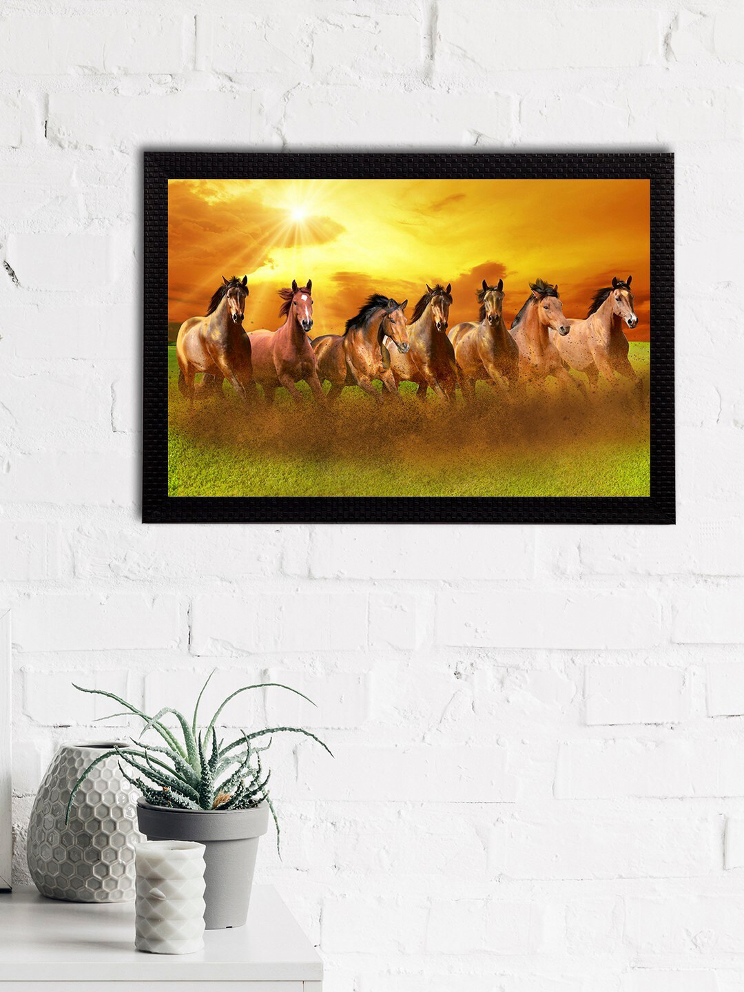 eCraftIndia Brown & Yellow 7 Lucky Running Horses Satin Matt Texture Framed UV Art Painting