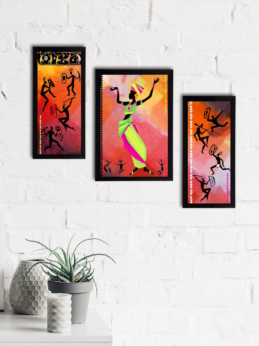 eCraftIndia Set of 3 Multi-Coloured Satin Matt Texture Tribal UV Wall Art